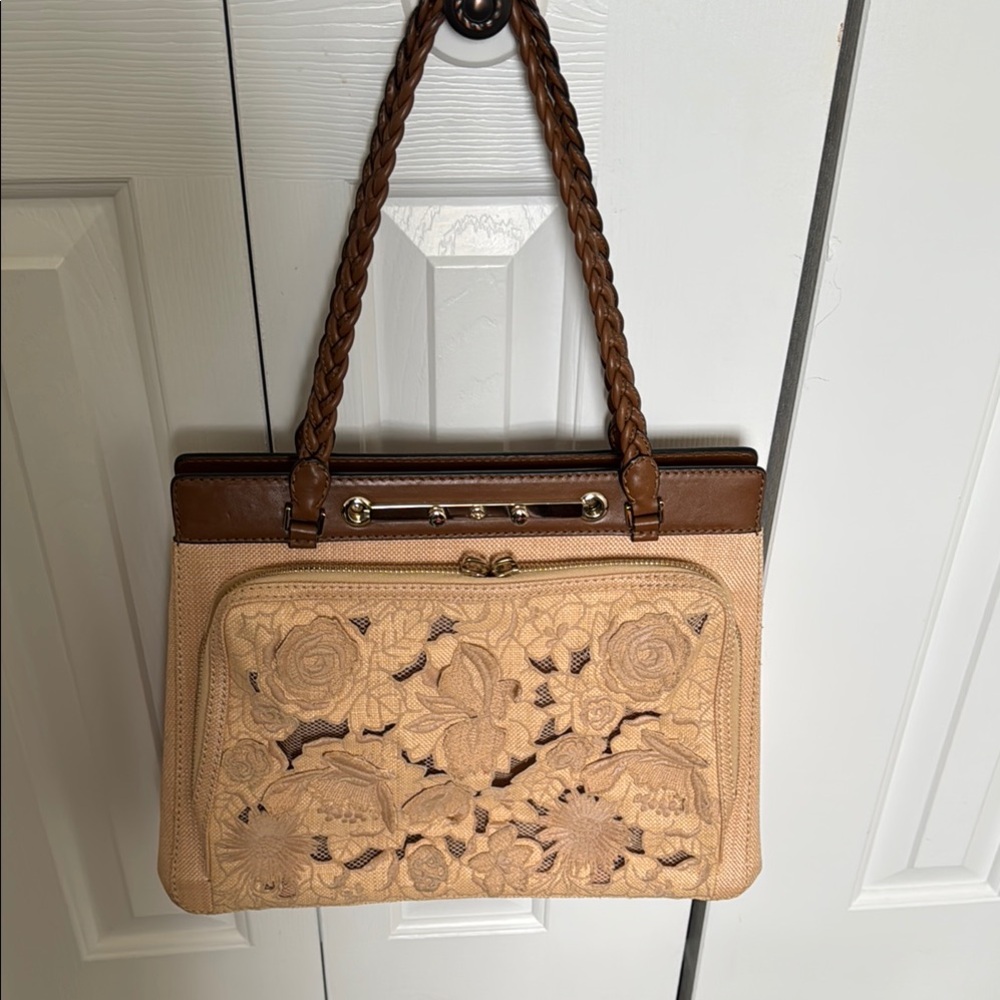 Valentino Garavani Tan and Brown Shoulder Bag with Floral Design